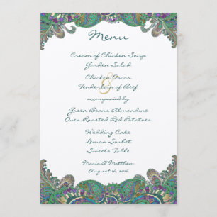 Elegantes Monogramm Paisley Pfau Farben Hochzeit Menükarte