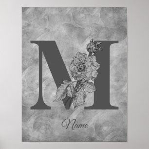 Elegantes Monogramm Pfingstrose Anfangsbuchstabe M Poster