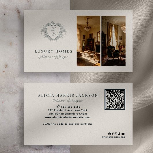 Elegantes Monogramm-QR-Code Inneneinrichter Visitenkarte