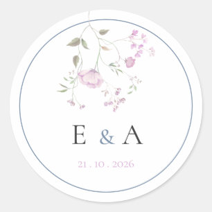 Elegantes Monogramm Rosa & Blau Florales Hochzeit Runder Aufkleber