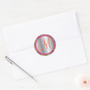 Elegantes Monogramm Rosa und Silber Vintage Paisle Runder Aufkleber