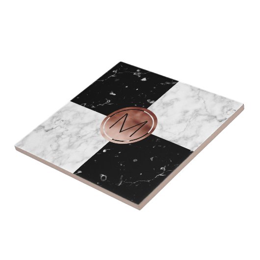 Elegantes Monogramm-Rosen-GoldSchwarz-weißer Fliese (Seite)