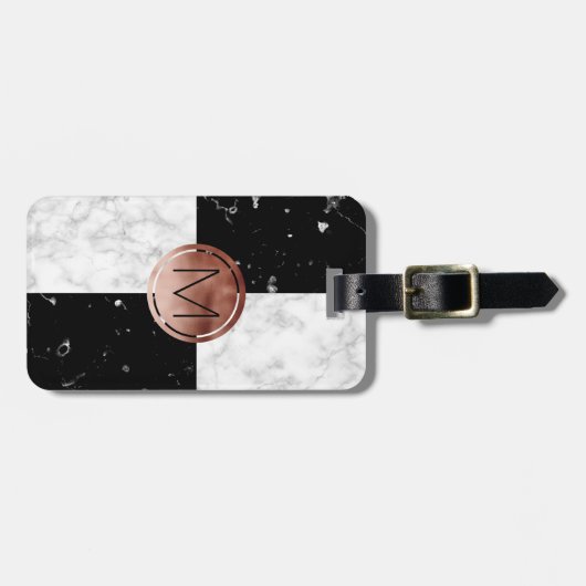 Elegantes Monogramm-Rosen-GoldSchwarz-weißer Gepäckanhänger (Vorderseite horizontal)