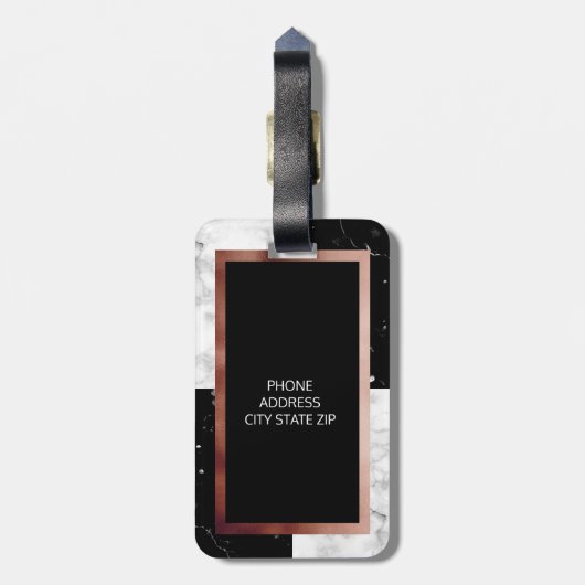 Elegantes Monogramm-Rosen-GoldSchwarz-weißer Gepäckanhänger (Rückseite vertikal)