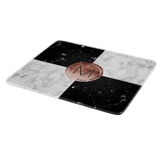 Elegantes Monogramm-Rosen-GoldSchwarz-weißer Schneidebrett (Ecke)
