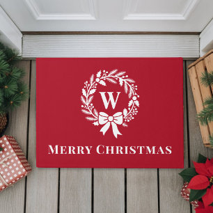 Elegantes Monogramm Roter Frohe Weihnachten Fußmatte