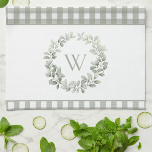 Elegantes Monogramm Sage Weiß Kariert Geschirrtuch
