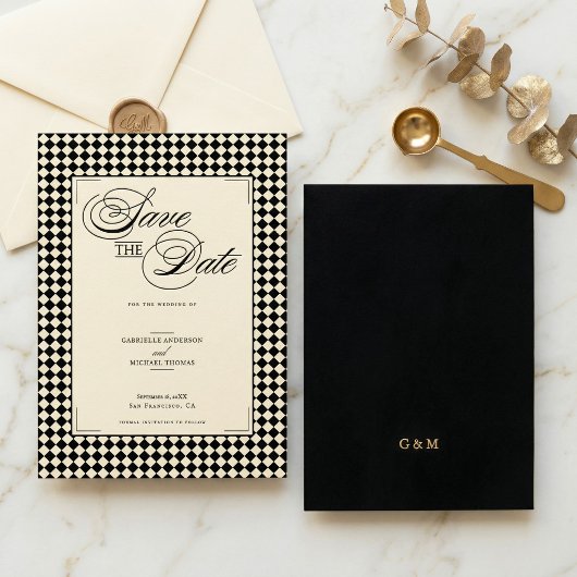 Elegantes Monogramm Schwarz Creme Karomuster Save The Date