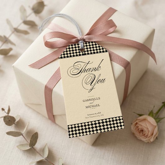 Elegantes Monogramm Schwarz Creme Schachbrettmuste Geschenkanhänger