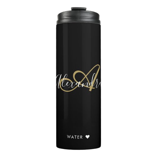 Elegantes Monogramm Schwarz Gold Chic Schrift Name Thermosbecher (Vorderseite)