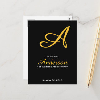 Elegantes Monogramm Schwarz Gold Hochzeit Jubiläum Postkarte