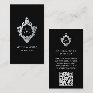 Elegantes Monogramm Schwarz Grau Vintage-Wappen QR Visitenkarte