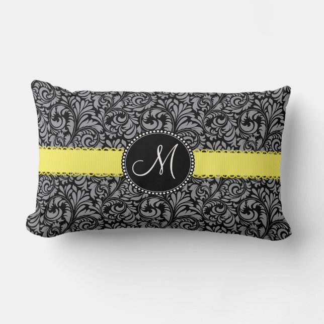 Elegantes Monogramm Schwarz Silber Damast Gelbes B Lendenkissen (Vorderseite)