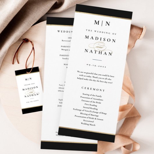 Elegantes Monogramm Schwarz und Goldene Hochzeit Programm