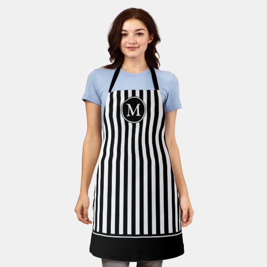 Elegantes Monogramm, schwarz und weiß gestreift Schürze (Getragen)