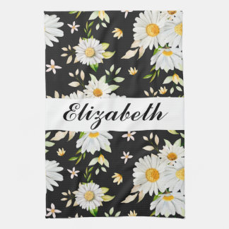 Elegantes Monogramm Schwarz-Weiß-Daisy-Muster  Geschirrtuch