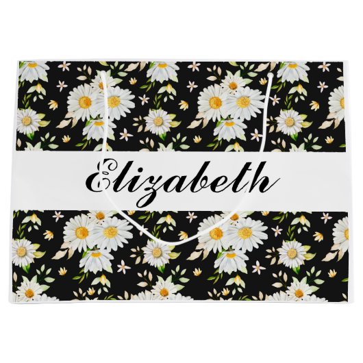 Elegantes Monogramm Schwarz-Weiß-Daisy-Muster Große Geschenktüte (Vorderseite)