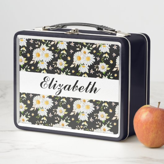 Elegantes Monogramm Schwarz-Weiß-Daisy-Muster Metall Brotdose (Beispiel)