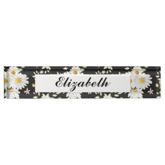 Elegantes Monogramm Schwarz-Weiß-Daisy-Muster   Namensplakette