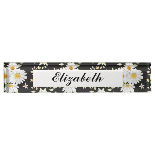 Elegantes Monogramm Schwarz-Weiß-Daisy-Muster Namensplakette (Vorderseite)