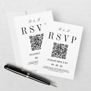 Elegantes Monogramm Schwarz Weiß Hochzeits-QR-Code RSVP Karte