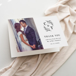 Elegantes Monogramm-Schwarz-Weiß-Hochzeitsfoto Dankeskarte