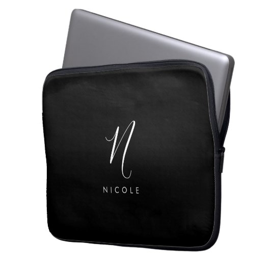 Elegantes Monogramm Schwarz/Weiß Laptopschutzhülle (Vorderseite Links)
