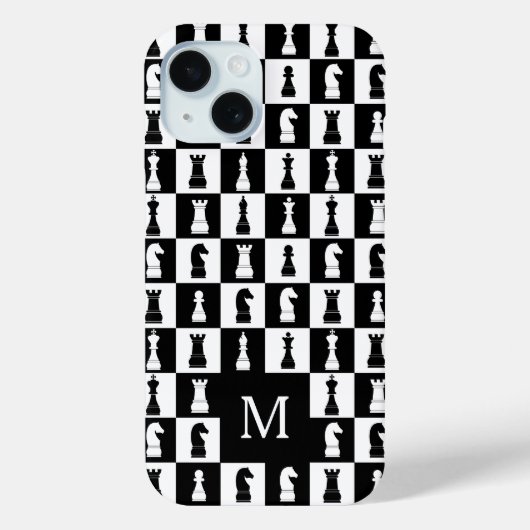 Elegantes Monogramm Schwarz-Weiß-Schachmuster Case-Mate iPhone Hülle (Rückseite)