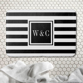 Elegantes Monogramm Schwarz Weiß Streifen Badematte