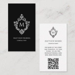 Elegantes Monogramm Schwarz-weißer QR-Code Vintage Visitenkarte