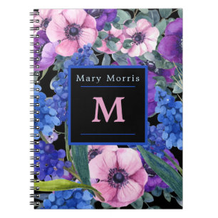 Elegantes Monogramm schwarze Blumen in Blau Lila R Notizblock