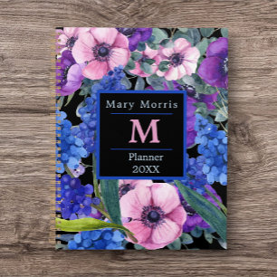 Elegantes Monogramm Schwarze Blüte in Lila rosa Planer