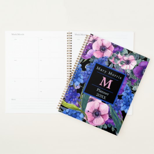 Elegantes Monogramm Schwarze Blüte in Lila rosa Planer (Anzeige)