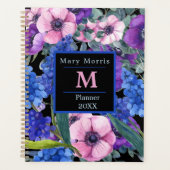 Elegantes Monogramm Schwarze Blüte in Lila rosa Planer (Vorderseite)