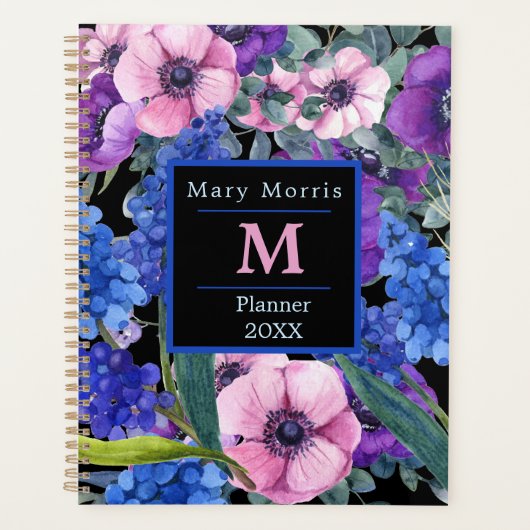 Elegantes Monogramm Schwarze Blüte in Lila rosa Planer (Vorderseite)