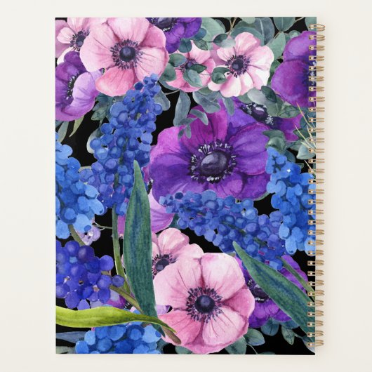 Elegantes Monogramm Schwarze Blüte in Lila rosa Planer (Rückseite)