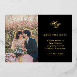 Elegantes Monogramm Schwarzes Foto Save the Date Folieneinladung