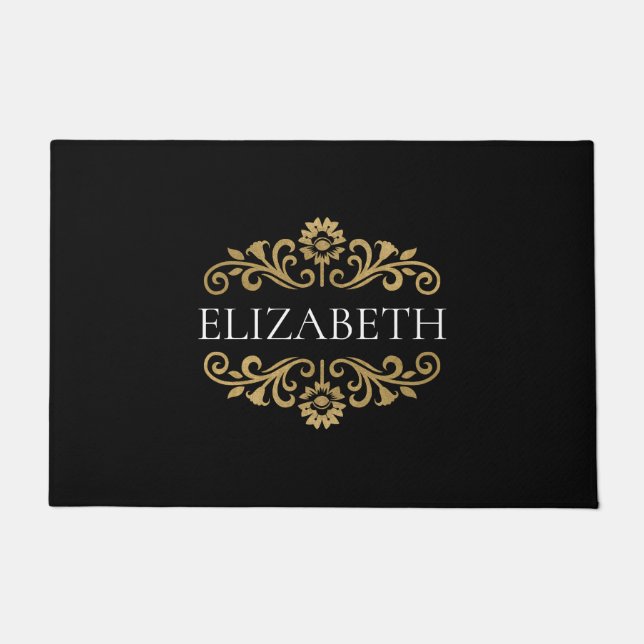 Elegantes Monogramm schwarzes Gold Fußmatte (Vorderseite)
