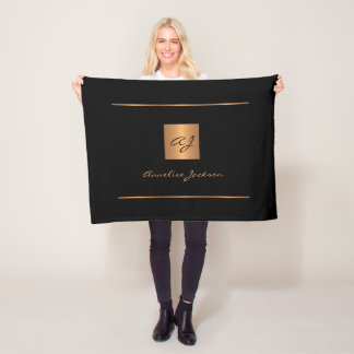 Elegantes Monogramm Schwarzes Gold-Namensschild mo Fleecedecke