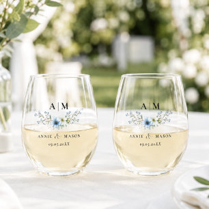 Elegantes Monogramm Staubblau Hochzeit Weinglas Ohne Stiel