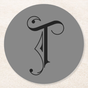 Elegantes Monogramm T in Schwarz auf Grau Runder Pappuntersetzer