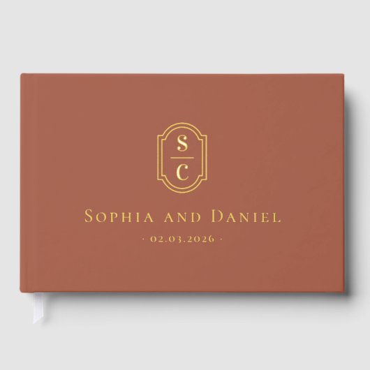 Elegantes Monogramm Terracotta Hochzeitsdatum Gästebuch (Vorderseite)