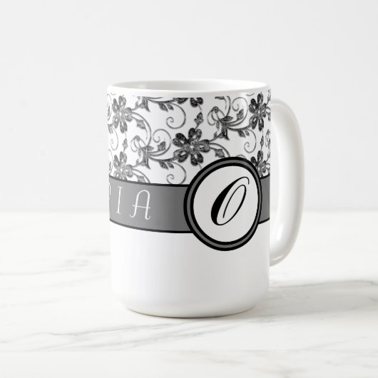 Elegantes Monogramm- und Blumenmuster Kaffeetasse (VorderseiteRechts)