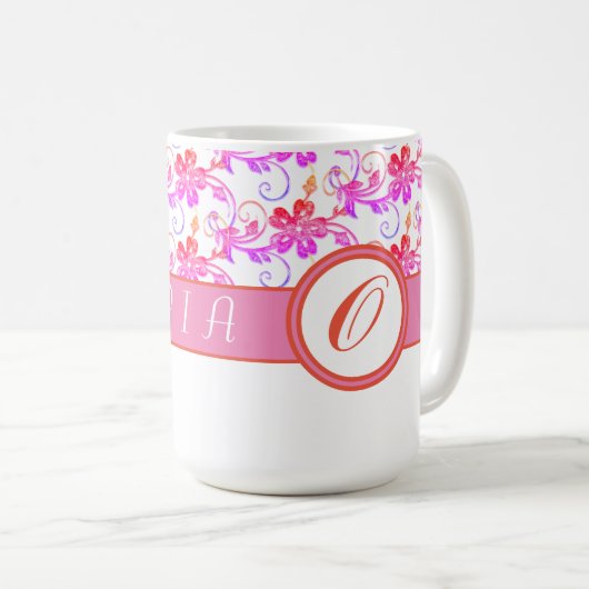 Elegantes Monogramm und Blumenmuster Rosa Kaffeetasse (VorderseiteRechts)