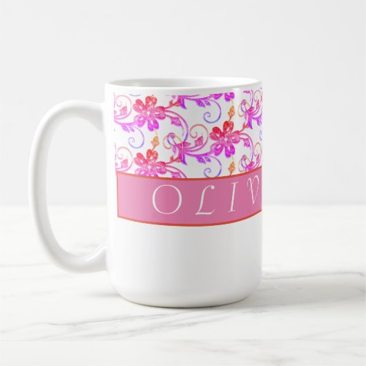 Elegantes Monogramm und Blumenmuster Rosa Kaffeetasse (Links)