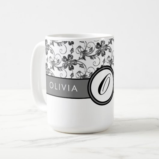 Elegantes Monogramm und Blumenmuster Schwarz Kaffeetasse (Vorderseite Links)