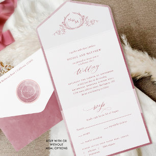 Elegantes Monogramm und burgunderfarbene Aquarell- All In One Einladung