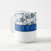 Elegantes Monogramm und florales Muster Navy Blue Kaffeetasse (Vorderseite Links)