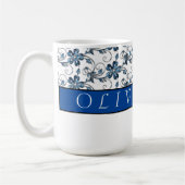 Elegantes Monogramm und florales Muster Navy Blue Kaffeetasse (Links)
