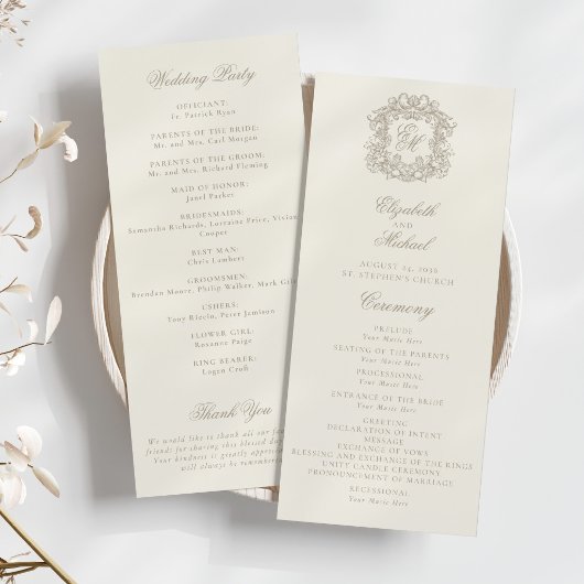 Elegantes Monogramm-Wappen Elfenbein Hochzeitsprog Programm